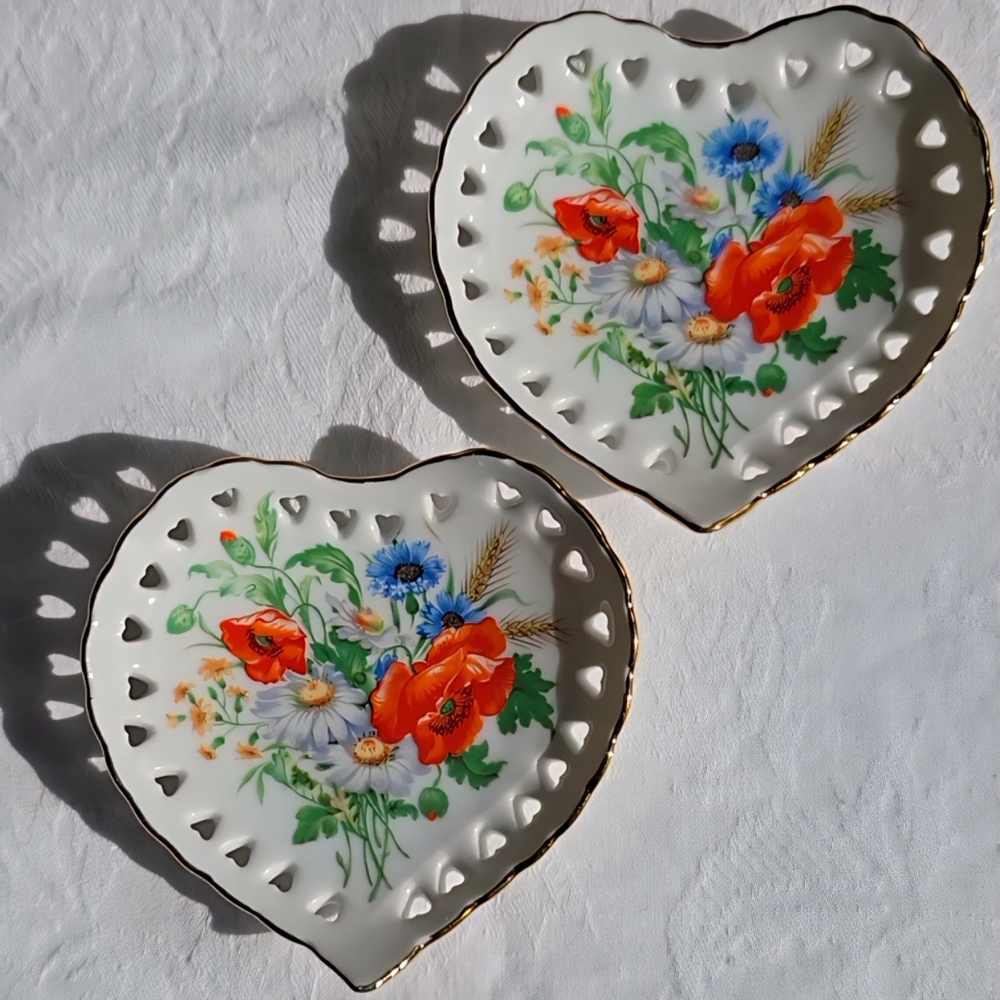 Heart Shaped Porcelain Catch-Alls (2)/ Floral Pattern / Matching Pair